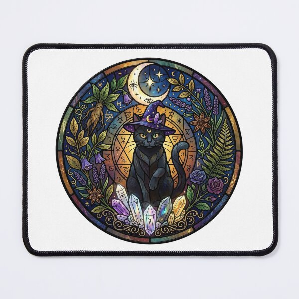 Item preview, Witchy Black Cat Stained Glass Crystal Crescent Moon Alchemy designed and sold by KreatoLab.