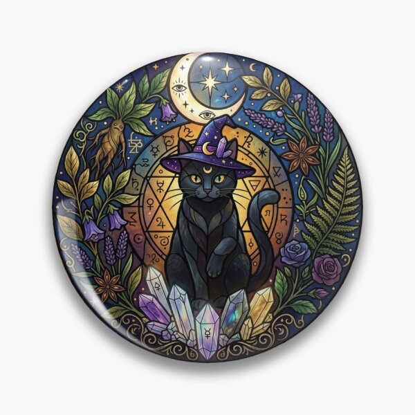 Item preview, Witchy Black Cat Stained Glass Crystal Crescent Moon Alchemy designed and sold by KreatoLab.