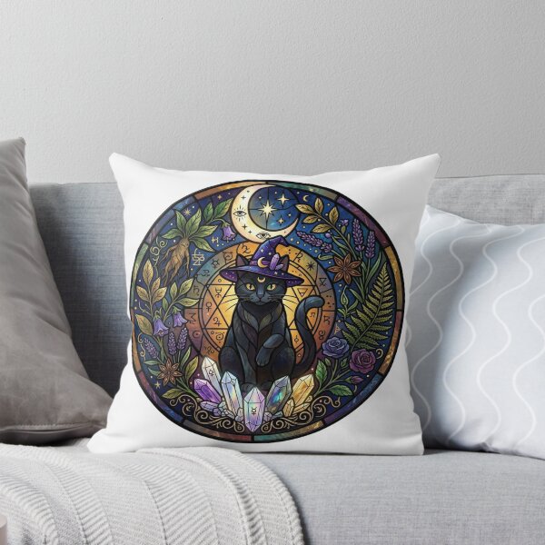Item preview, Witchy Black Cat Stained Glass Crystal Crescent Moon Alchemy designed and sold by KreatoLab.