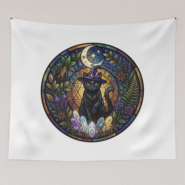 Item preview, Witchy Black Cat Stained Glass Crystal Crescent Moon Alchemy designed and sold by KreatoLab.