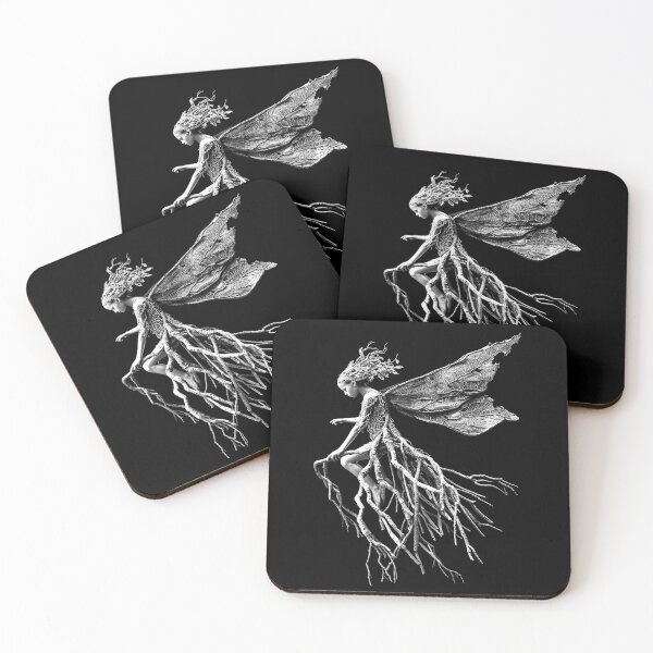 Item preview, Forest Root Fairy with Leaf Wings Black and White Dark Fantasy Art Design designed and sold by inkoutninja.