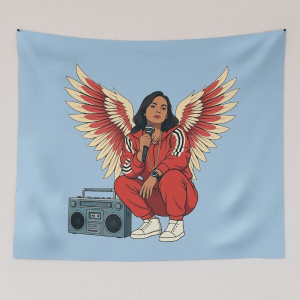 Item preview, Rap Angel Crouching with Boombox – Old School Hip Hop Woman designed and sold by KungPowUnicorn.