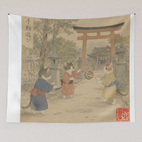 Item preview, Cats Playing Temari at Shrine designed and sold by Komatoya.
