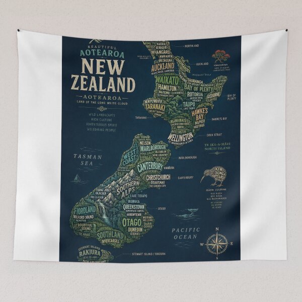 Item preview, New Zealand Aotearoa Map with North Island South Island and Regional Landmarks designed and sold by StampMyPassport.