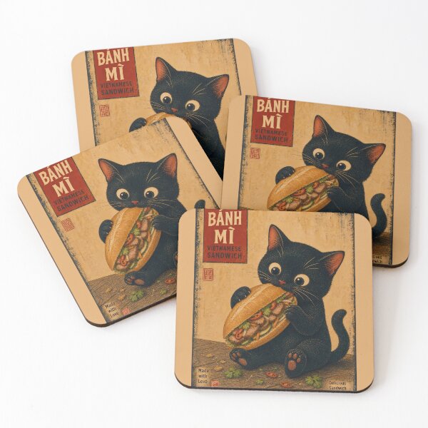 Item preview, Cat Eating Banh Mi - Vintage Vietnamese Food Art designed and sold by PurrfectHome.