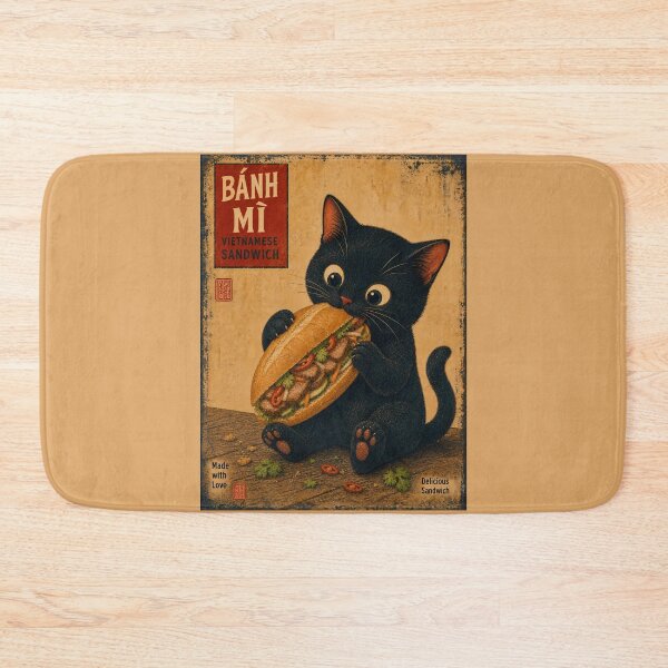 Item preview, Cat Eating Banh Mi - Vintage Vietnamese Food Art designed and sold by PurrfectHome.