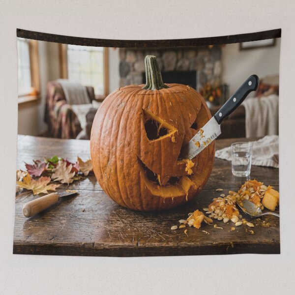 Item preview, Carving a Jack-o'-Lantern on a Wooden Table designed and sold by Solomon-Ent-144.