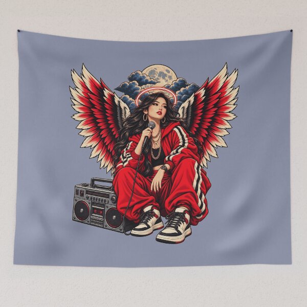 Item preview, Asian Rap Angel with Boombox – Red Wings Under the Full Moon designed and sold by KungPowUnicorn.