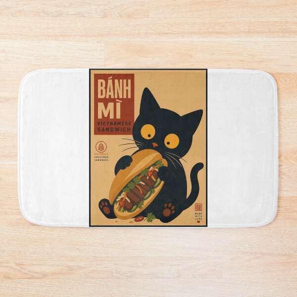 Item preview, Cute Black Cat Eating Banh Mi - Vintage Vietnamese Food designed and sold by PurrfectHome.