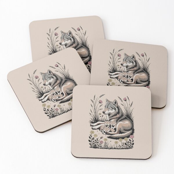 Item preview, Wolf Mother and Cubs Folk Art Illustration designed and sold by NuvoraNest.