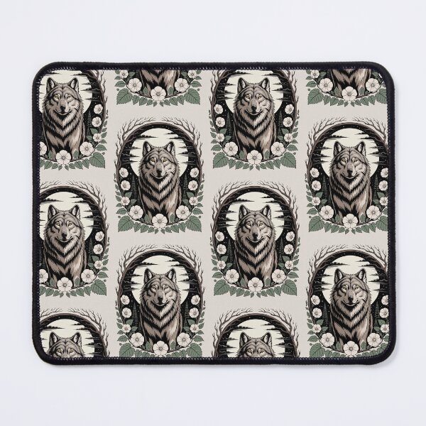Item preview, Wolf Portrait with White Flowers and Branches Illustration designed and sold by NuvoraNest.