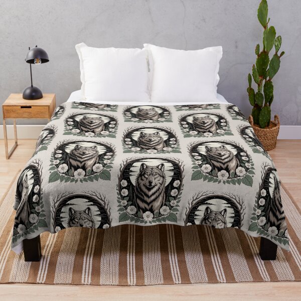 Item preview, Wolf Portrait with White Flowers and Branches Illustration designed and sold by NuvoraNest.