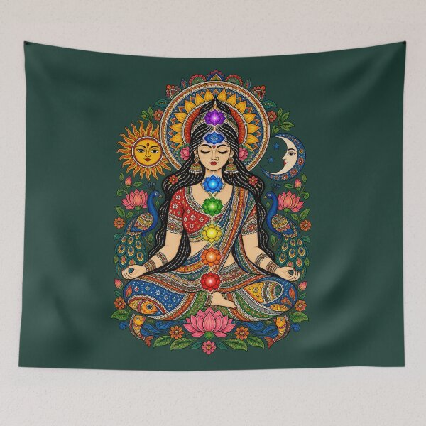 Item preview, Madhubani Chakra Meditation Woman – 7 Chakras Sacred Geometry designed and sold by Chirayu1111.