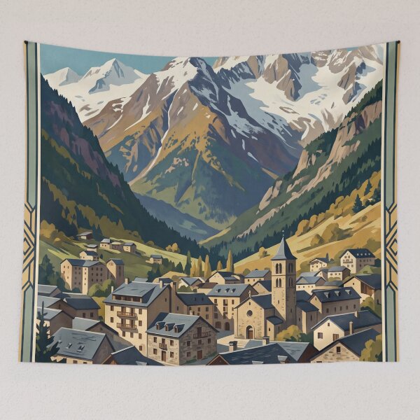 Item preview, Andorra la Vella Andorra Vintage Travel Art – Pyrenees Mountain Village designed and sold by Bomax121.