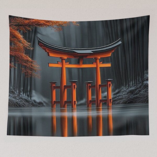Item preview, Red Torii Gate Japanese Forest Lake Reflection Art designed and sold by LYAN-STORE.
