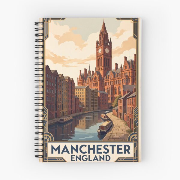 Item preview, Manchester England Vintage Travel Art – Victorian Clock Tower & Canal Cityscape designed and sold by Bomax121.