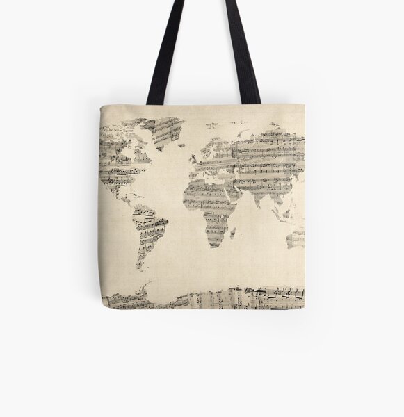 Map of the World Map from Old Sheet Music All Over Print Tote Bag
