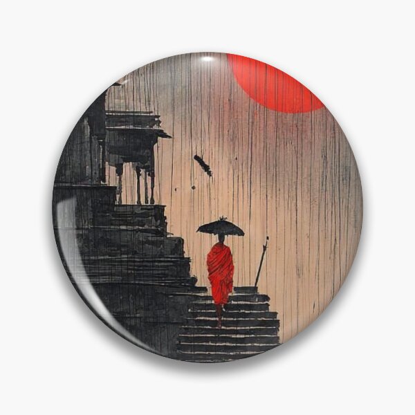 Item preview, Buddhist Monk In Heavy Rain Red Sun Temple Steps Ink Art designed and sold by LYAN-STORE.