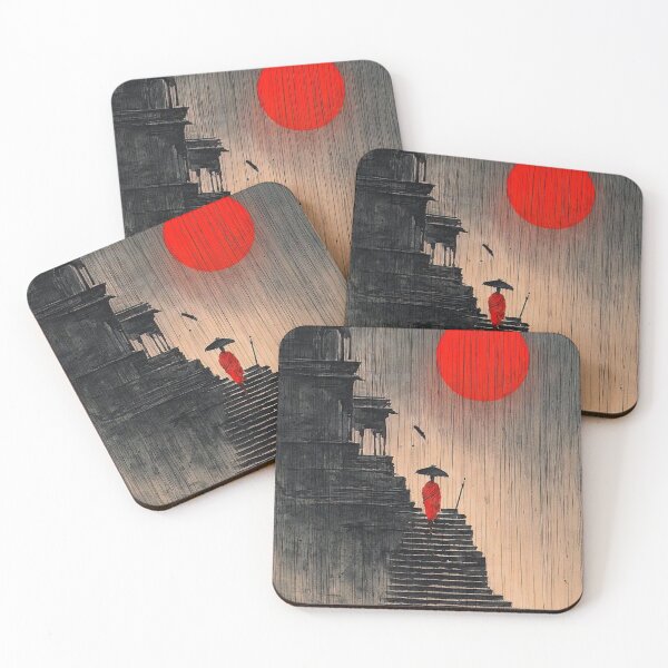 Item preview, Buddhist Monk In Heavy Rain Red Sun Temple Steps Ink Art designed and sold by LYAN-STORE.