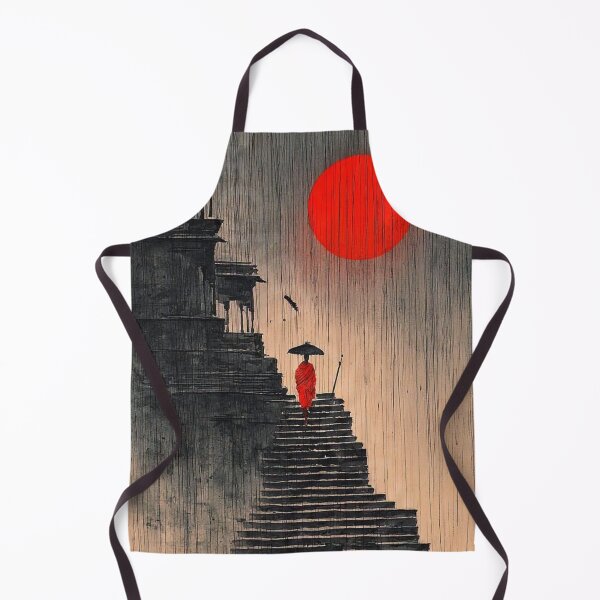 Item preview, Buddhist Monk In Heavy Rain Red Sun Temple Steps Ink Art designed and sold by LYAN-STORE.