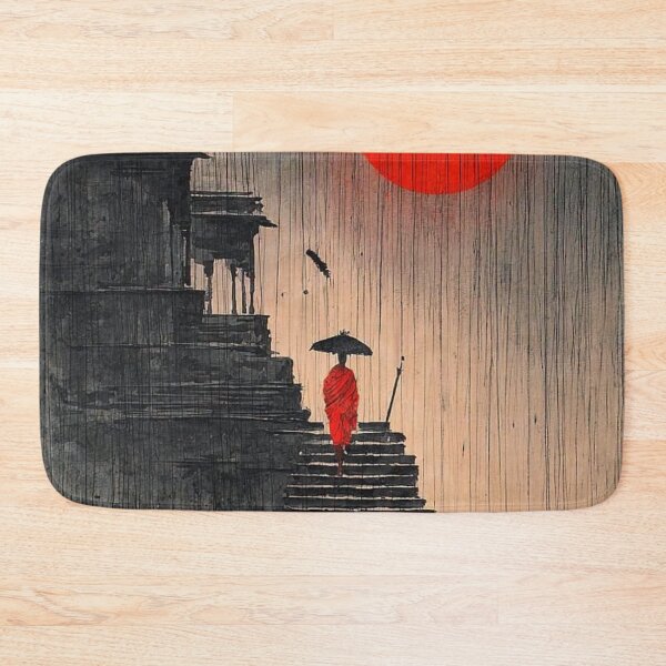 Item preview, Buddhist Monk In Heavy Rain Red Sun Temple Steps Ink Art designed and sold by LYAN-STORE.
