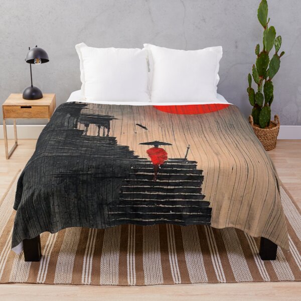 Item preview, Buddhist Monk In Heavy Rain Red Sun Temple Steps Ink Art designed and sold by LYAN-STORE.