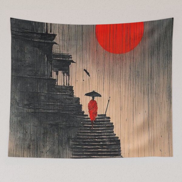 Item preview, Buddhist Monk In Heavy Rain Red Sun Temple Steps Ink Art designed and sold by LYAN-STORE.