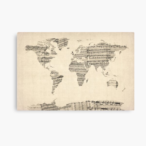 Map of the World Map from Old Sheet Music Canvas Print