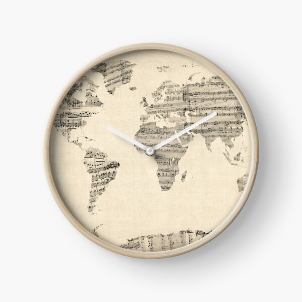 Map of the World Map from Old Sheet Music Clock
