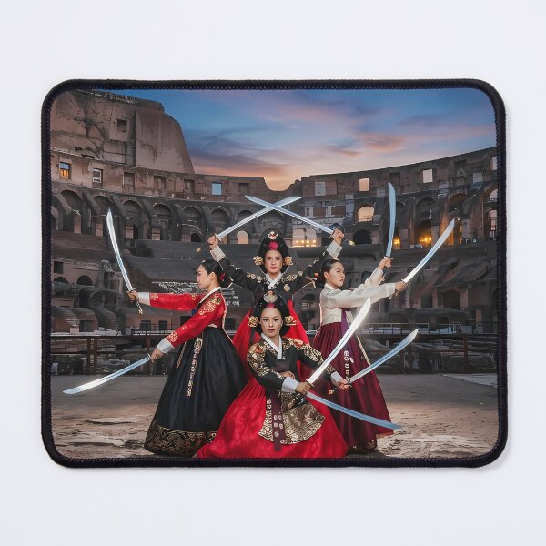 Item preview, Korean Traditional Sword Dance at Colosseum Art Print, Hanbok Warriors Cultural Fusion Design designed and sold by SOOstudio73.