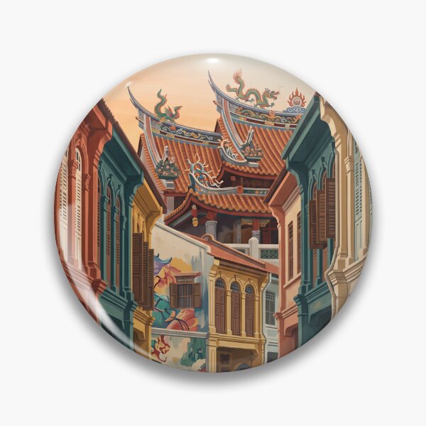Item preview, Penang Malaysia Vintage Travel Art – George Town Shophouses & Chinese Temple designed and sold by Bomax121.