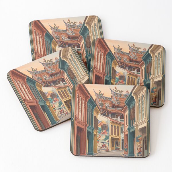 Item preview, Penang Malaysia Vintage Travel Art – George Town Shophouses & Chinese Temple designed and sold by Bomax121.