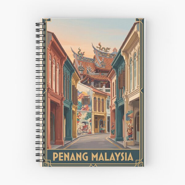Item preview, Penang Malaysia Vintage Travel Art – George Town Shophouses & Chinese Temple designed and sold by Bomax121.