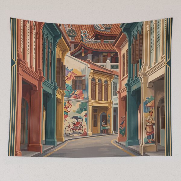 Item preview, Penang Malaysia Vintage Travel Art – George Town Shophouses & Chinese Temple designed and sold by Bomax121.