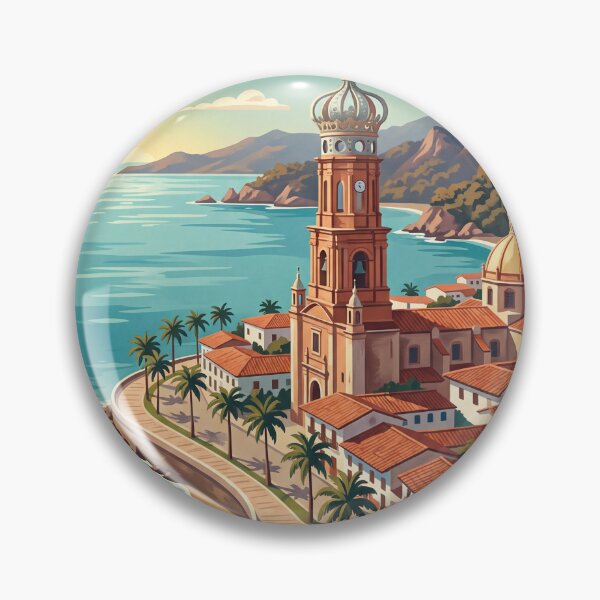 Item preview, Puerto Vallarta Mexico Vintage Travel Art – Coastal Church & Pacific Seafront designed and sold by Bomax121.