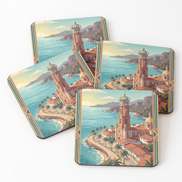 Item preview, Puerto Vallarta Mexico Vintage Travel Art – Coastal Church & Pacific Seafront designed and sold by Bomax121.