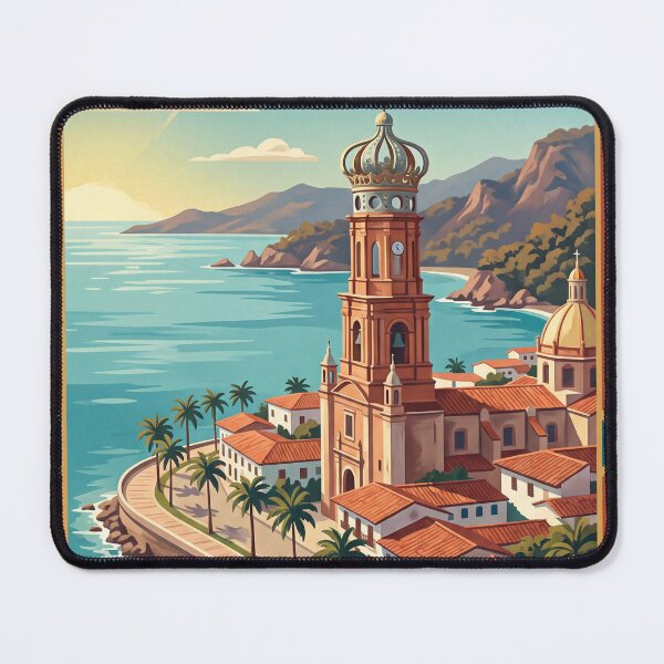 Item preview, Puerto Vallarta Mexico Vintage Travel Art – Coastal Church & Pacific Seafront designed and sold by Bomax121.