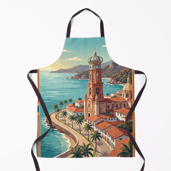 Item preview, Puerto Vallarta Mexico Vintage Travel Art – Coastal Church & Pacific Seafront designed and sold by Bomax121.