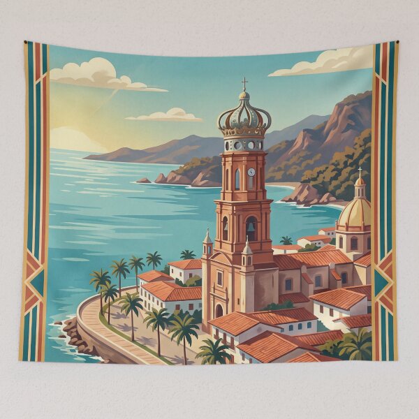 Item preview, Puerto Vallarta Mexico Vintage Travel Art – Coastal Church & Pacific Seafront designed and sold by Bomax121.