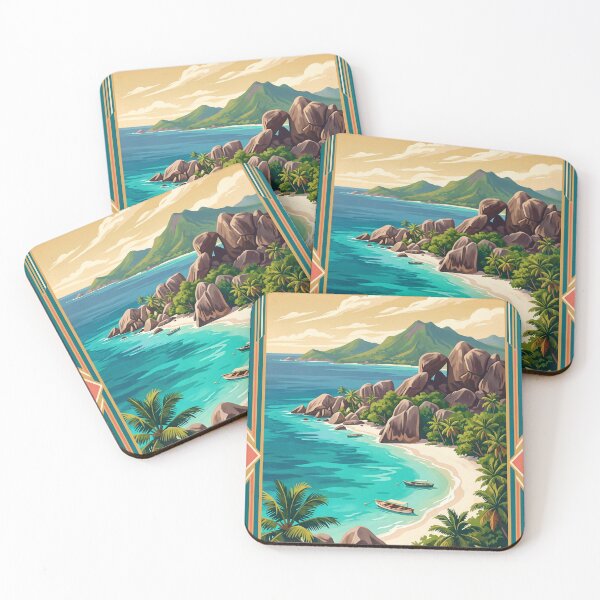 Item preview, Victoria Seychelles Vintage Travel Art – Mahé Tropical Coast & Granite Beach designed and sold by Bomax121.