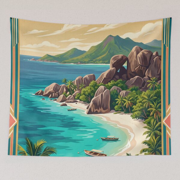 Item preview, Victoria Seychelles Vintage Travel Art – Mahé Tropical Coast & Granite Beach designed and sold by Bomax121.