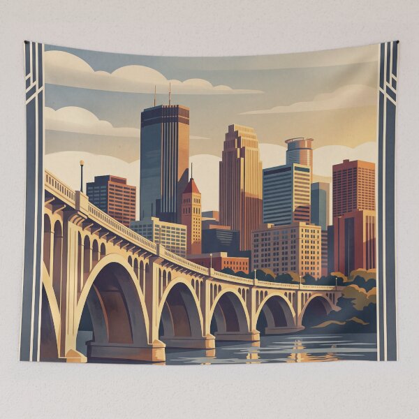 Item preview, Minneapolis USA Vintage Travel Art – Stone Arch Bridge & Mississippi River Skyline designed and sold by Bomax121.