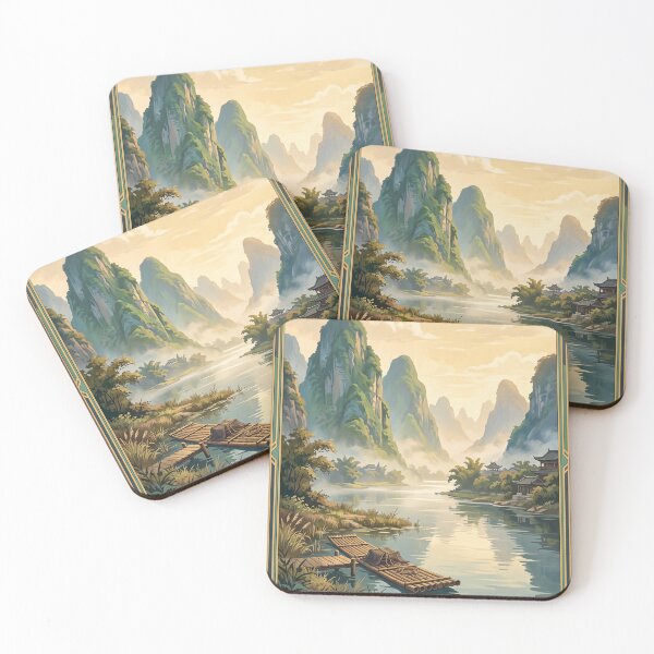 Item preview, Guilin China Vintage Travel Art – Li River, Karst Mountains & Bamboo Raft designed and sold by Bomax121.
