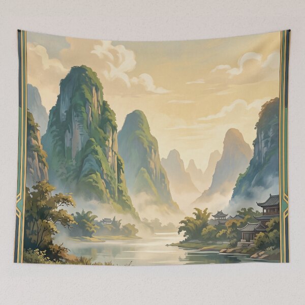 Item preview, Guilin China Vintage Travel Art – Li River, Karst Mountains & Bamboo Raft designed and sold by Bomax121.