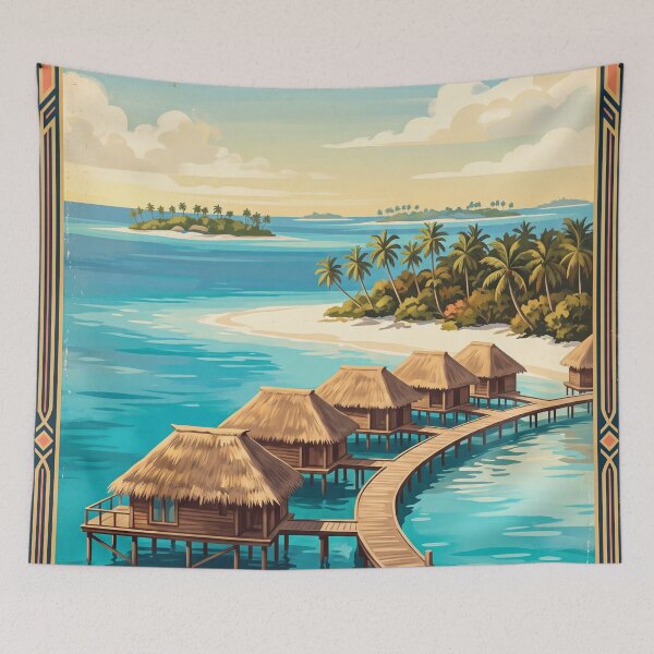 Item preview, Malé Maldives Vintage Travel Art – Tropical Lagoon & Overwater Bungalows designed and sold by Bomax121.