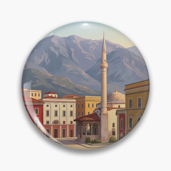 Item preview, Tirana Albania Vintage Travel Art – Et’hem Bey Mosque & Dajti Mountain designed and sold by Bomax121.