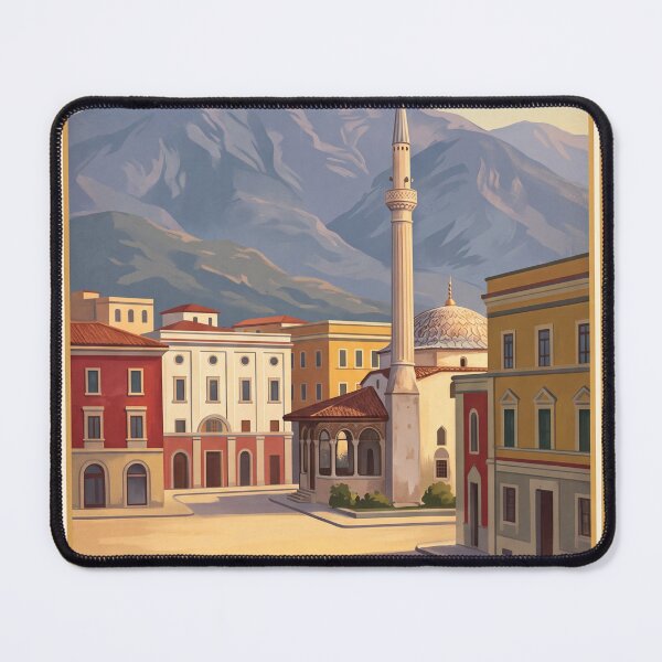 Item preview, Tirana Albania Vintage Travel Art – Et’hem Bey Mosque & Dajti Mountain designed and sold by Bomax121.