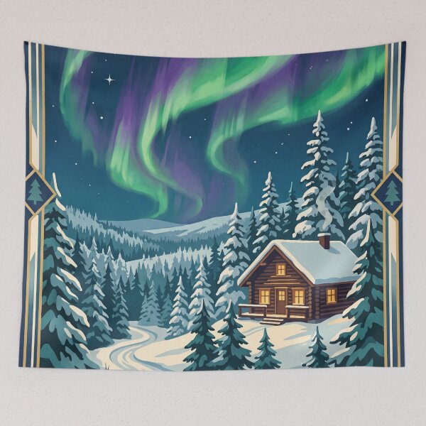 Item preview, Rovaniemi Finland Vintage Travel Art – Northern Lights & Lapland Winter Cabin designed and sold by Bomax121.