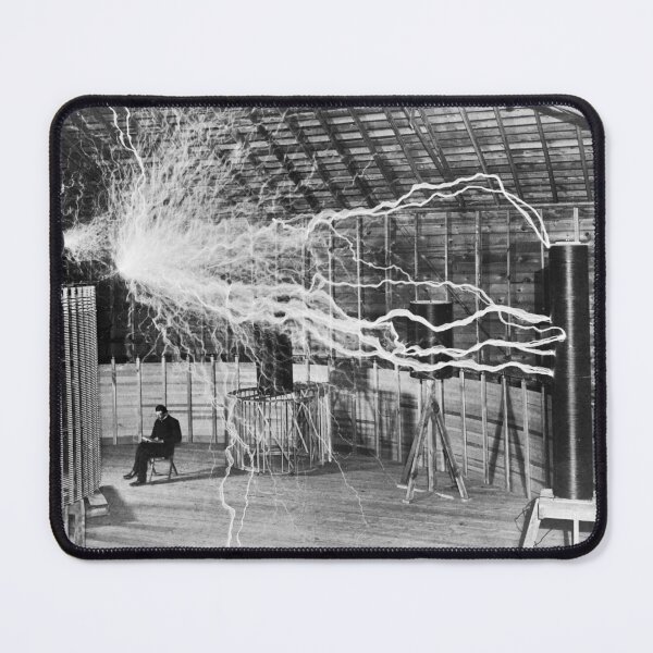Item preview, Nikola Tesla in the eye of the storm with his Magnifying Transmitter and coils 1899 black and white vintage photograph designed and sold by Astrid Arkhangelsky.
