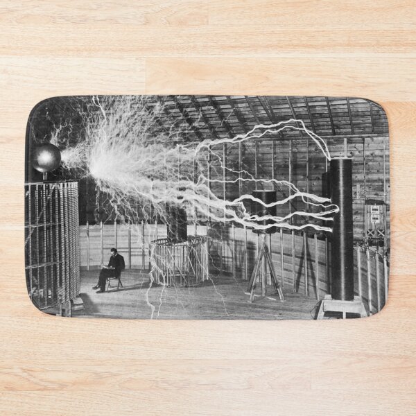 Item preview, Nikola Tesla in the eye of the storm with his Magnifying Transmitter and coils 1899 black and white vintage photograph designed and sold by Astrid Arkhangelsky.